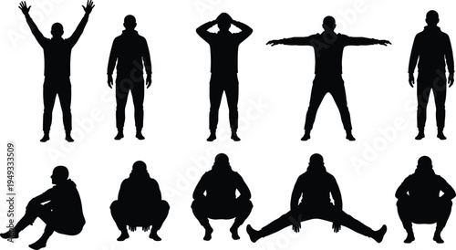 Man body pose silhouettes collection, standing and sitting male figure positions set, black human posture icons isolated vector