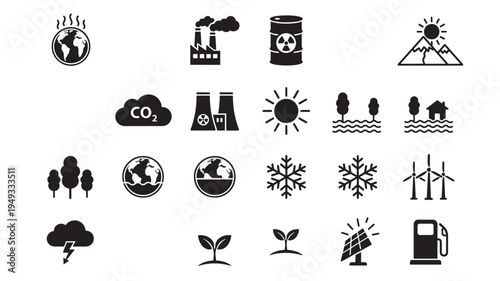 Eco friendly icons representing environmental concepts like pollution, weather, and renewable energy sources