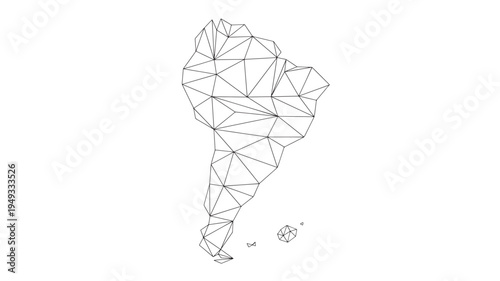Continent South America polygonal outline art with black lines on a white background, simple abstract illustration representing geography.