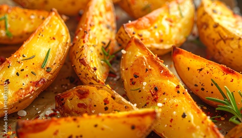 Roasted potato wedges, seasoned with spices and rosemary, displayed on a baking sheet