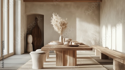 Simple Dining Area With Wooden Table and Natural Decor in a Sunlit Room