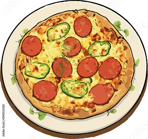 Pepperoni pizza top view illustration