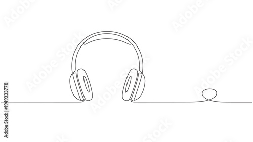 Headphones continuous line drawing with a single black wire that loops. featuring audio, music, sound with listening and device elements for