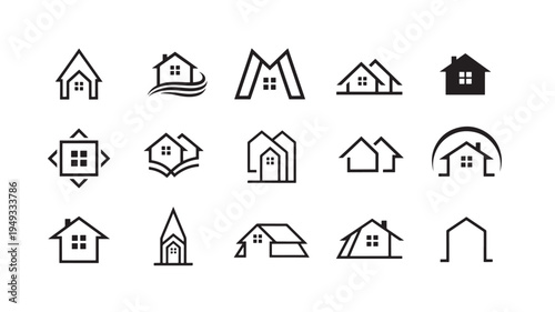 House icons set with various architectural designs for real estate branding and graphic design purposes.