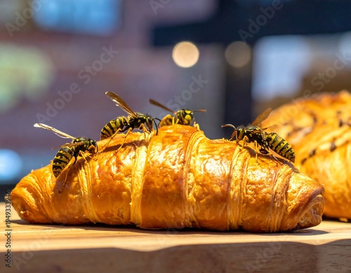 Croissant with wasps on a wooden board