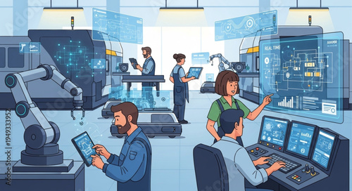 Modern factory with robotic arms and digital interfaces.