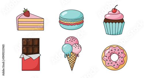 Colorful dessert food illustrations on white