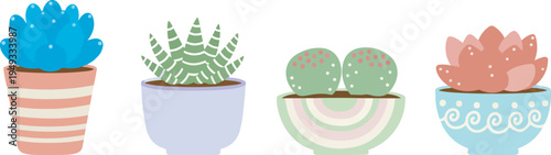 colorful cartoon potted plants and cacti on white background