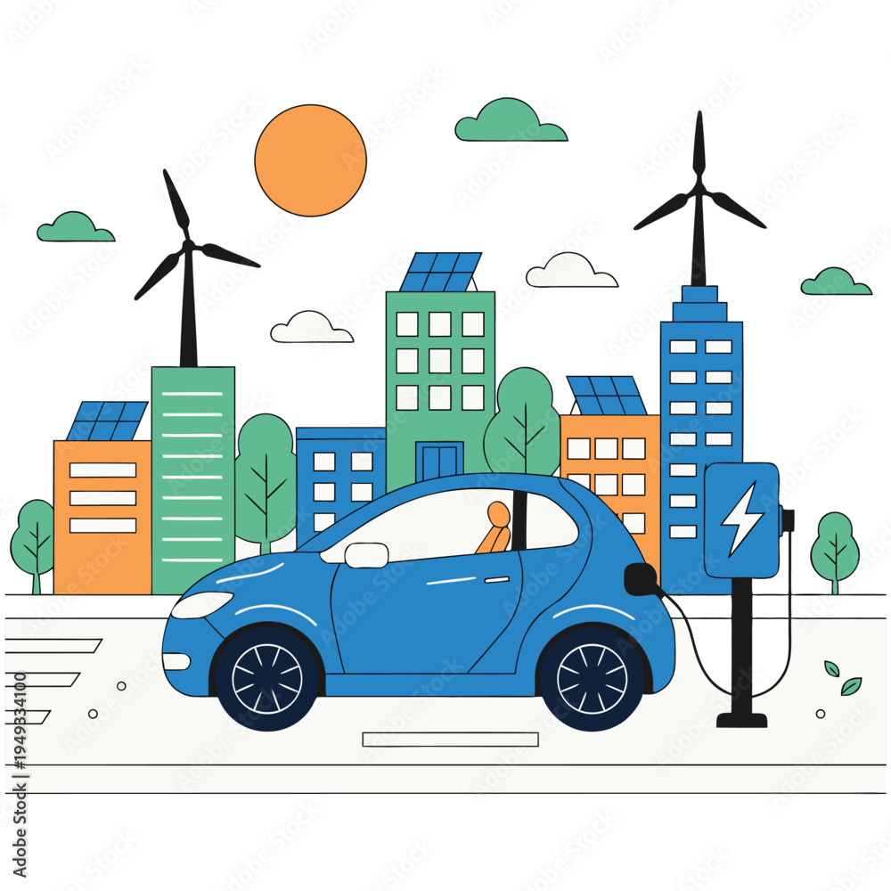 Obraz premium Electric Vehicle Charging Station and Green Energy Concept Vector Illustration