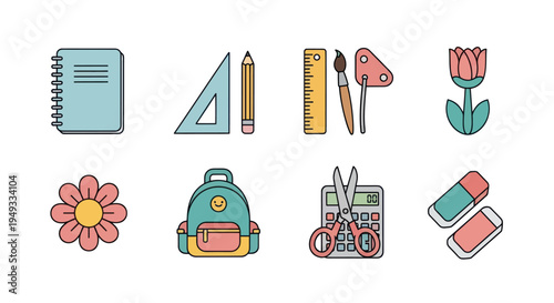 Colorful school supplies and floral elements