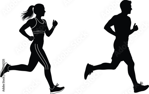 Running man and woman silhouette set jogging athletes isolated on white background fitness training exercise healthy lifestyle concept