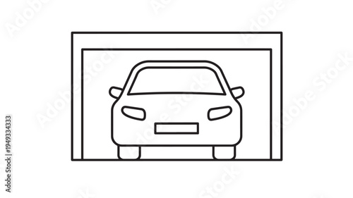 Car parked inside an open garage with a plain front facade showing its headlights and license plate area.