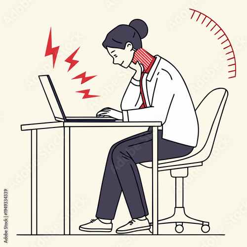 A woman sitting at a desk with a laptop experiences neck pain and discomfort while working