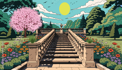 A scenic stone staircase leading up through a vibrant garden with a blooming cherry blossom tree