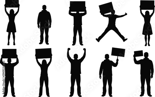 Silhouette group of protesters holding blank protest signs and placards isolated on white background, activism demonstration crowd concept social movement