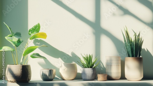 Plants in Pots Arranged on a Shelf With Light Creating Shadows in a Sunny Room