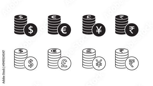 Stacks of currency coins with international symbols including Dollar, Euro, Pound, Yen, and Rupee, presented in black solid and outline icon styles.