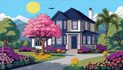 A charming two story suburban house featuring a vibrant pink cherry blossom tree in the front yard