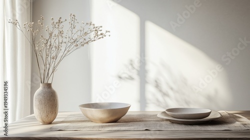 Arrangement of Simple Bowls and Flowers on a Wooden Table in a Room With Natu...