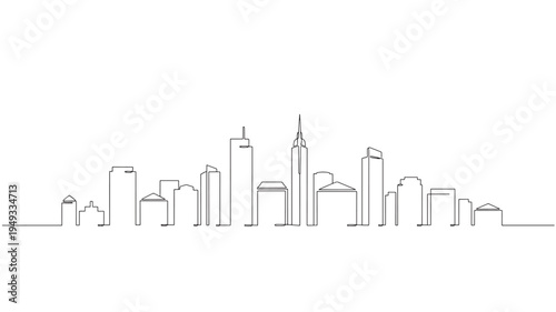 Skyline simple line drawing with various building shapes and heights creating an urban landscape silhouette on a white background.