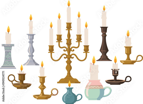Comprehensive Vector Collection of Vintage Candle Holders and Candelabras Featuring Gold Silver Bronze and Ceramic Designs with Lit White Taper Candles
