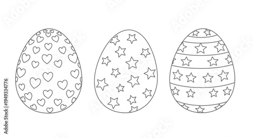 Easter Eggs Outline, Hearts, Stars, Stripes, Coloring Pages, Isolated