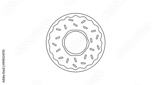 Donut icon with icing and sprinkles, simplified line drawing, isolated on white background for graphic design purposes