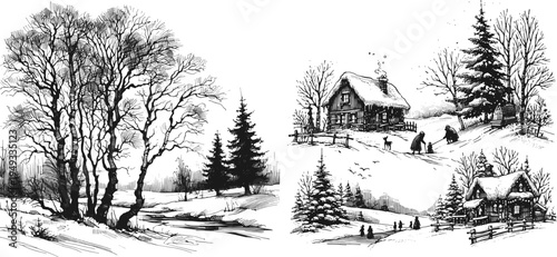 Line art sketch drawing of ink-style illustration of a serene winter landscape. On the left, leafless deciduous trees with intricate branches stand near a snow-covered stream