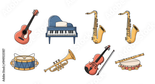 Musical instruments on white background