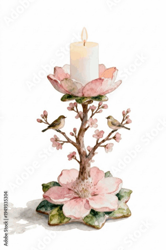 Pretty Bird Candle Flower Candle Holder with Birds isolated watercolor vector illustration svg