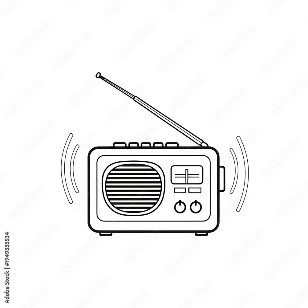 Obraz premium A vintage portable transistor radio with a black speaker and antenna is isolated on a white background as a retro vector illustration of old broadcasting equipment and FM audio technology