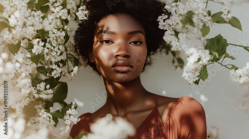 Woman Surrounded by Flowers Posing for a Photo in a Studio During Spring Season