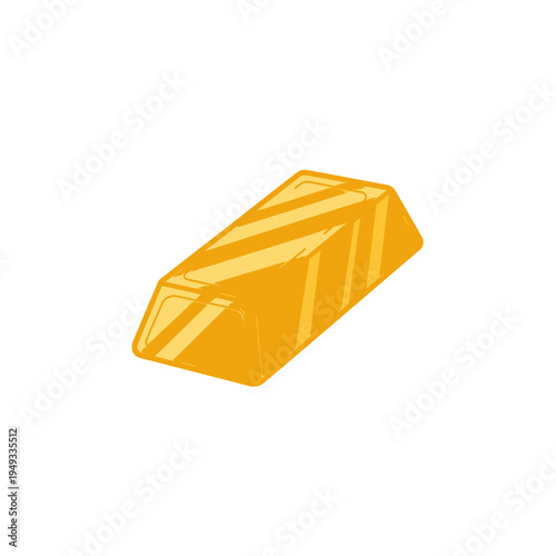 A single blank gold and white cardboard box for food packaging is isolated as a 3d object vector design with a yellow metal gold ingot bar button and an open paper envelope business container