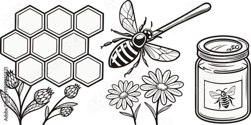 A detailed black and white illustration of various elements associated with bees and honey. The image showcases six distinct elements arranged in a rectangular grid. At the top left, a detailed fronta