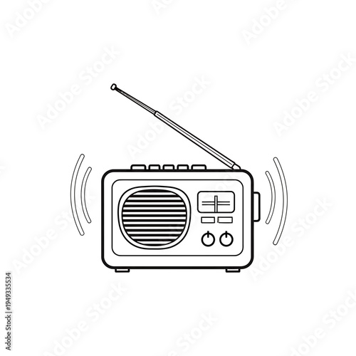 A vintage portable transistor radio with a black speaker and antenna is isolated on a white background as a retro vector illustration of old broadcasting equipment and FM audio technology