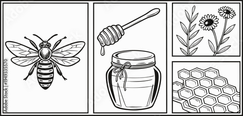 A detailed black and white illustration of various elements associated with bees and honey. The image showcases six distinct elements arranged in a rectangular grid. At the top left, a detailed fronta