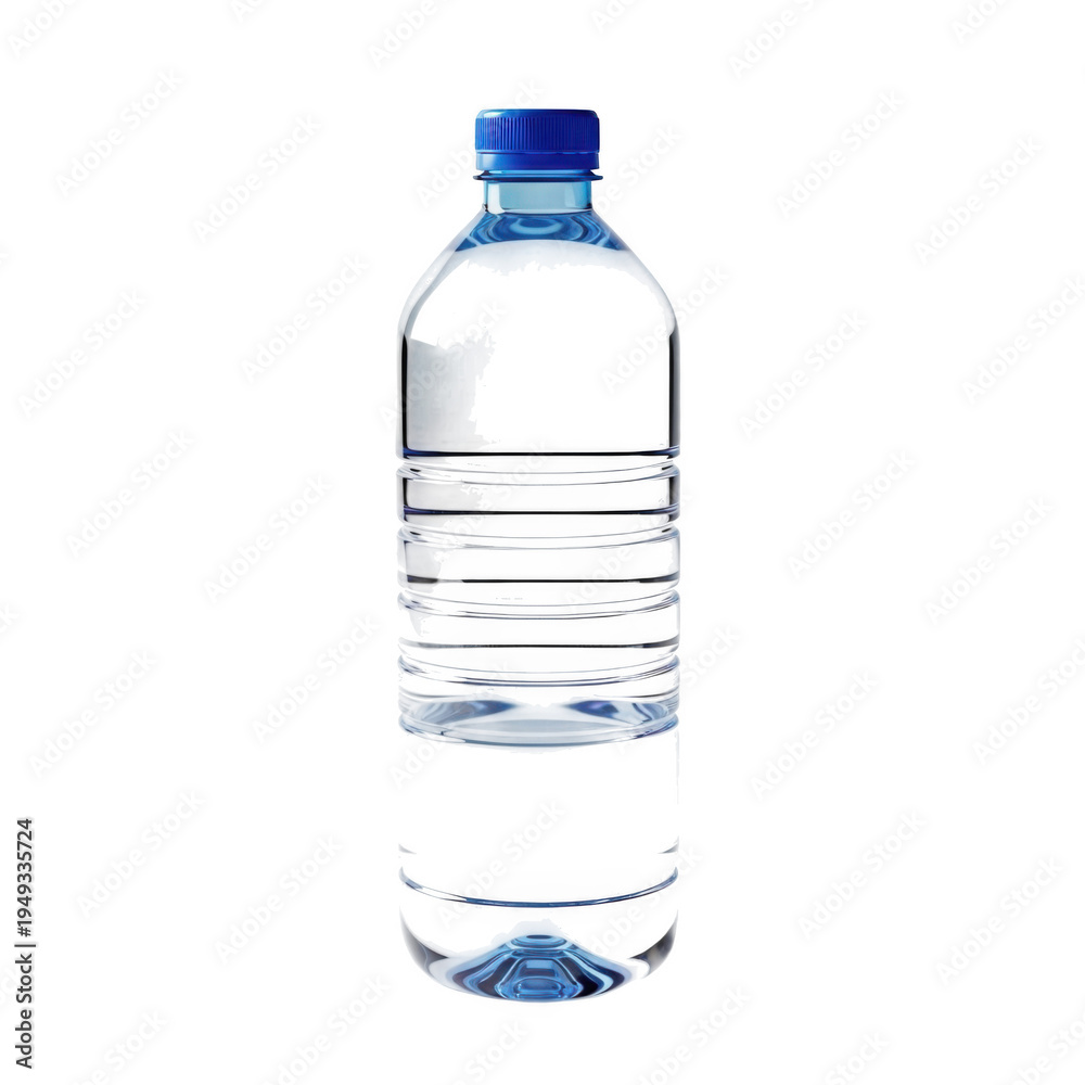 Naklejka premium A clear plastic water bottle with a blue cap on a white background.