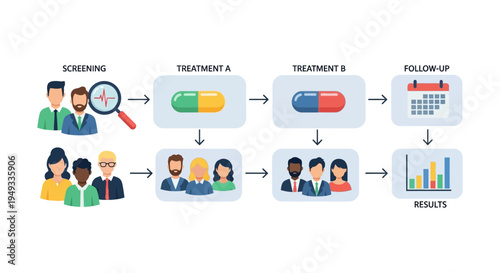 Clinical Trial Stages Infographic: Patient Screening, Treatment Comparison, Follow-up & Results Analysis