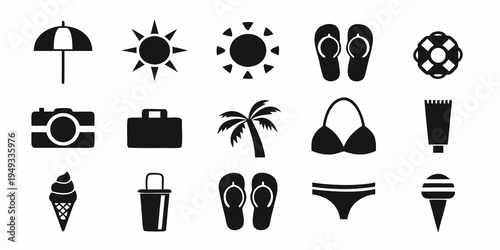 Black silhouette icons depicting various summer vacation and beach elements
