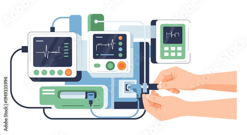 Medical Monitoring Equipment Setup: Hands Connecting Wires to Advanced Healthcare Devices for Patient Vital Sign Tracking, Modern Digital Technology Illustration