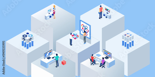 Isometric illustration depicting teamwork technology and digital transformation concepts