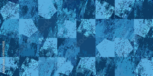 Abstract blue geometric pattern with textured squares and rectangles