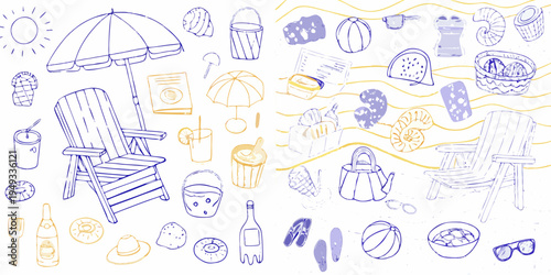 A collection of beach themed doodles in blue and yellow tones
