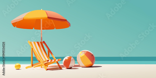 A colorful beach scene featuring a parasol chair and beach balls