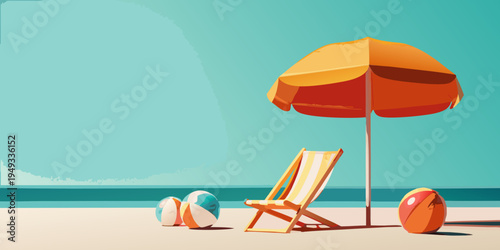 A vibrant beach scene featuring a yellow umbrella and lounge chair