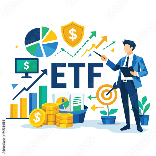 Modern ETF investment concept vector illustration. Businessman presenting financial growth strategy with charts, gold coins, shield protection symbol and target goal. Asset allocation, portfolio diver