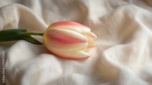Pink Tulip Resting on Soft Fabric in Natural Light During Daytime