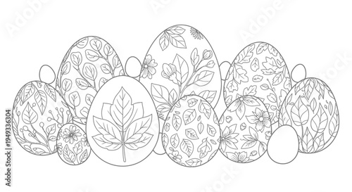 Easter Eggs Outline Drawing, Floral Patterns, Spring Holiday Decoration