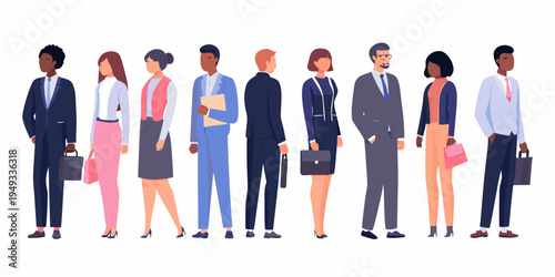 Diverse group of professionals standing in a line facing forward