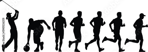 Sports Silhouette Set, Golf Swing, Bowling Action and Running Sequence Poses, Athlete Fitness Icons for Marathon and Sports Club Design.